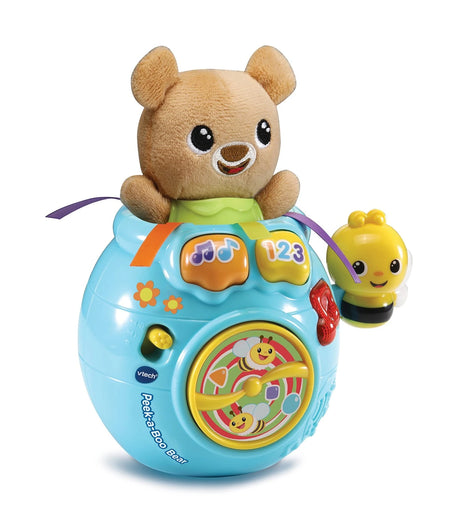 VTech Peek-a-Boo Bear toy with bear popping out of blue honey pot and yellow bee handle
