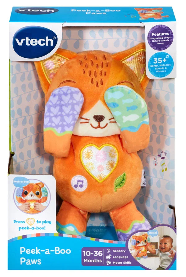 VTech Peek-a-Boo Paws plush toy in retail packaging box with age guide – Ireland