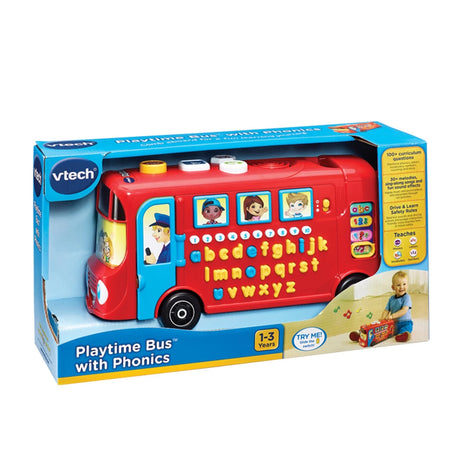 VTech Playtime Bus with Phonics box showing red bus toy and 1 to 3 years age mark