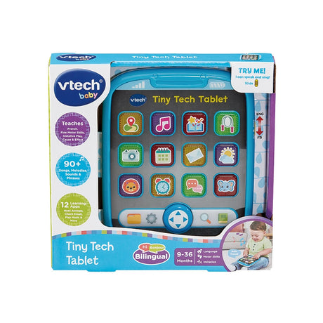 Boxed VTech Tiny Tech Tablet with 12 app buttons and bilingual feature – Ireland.