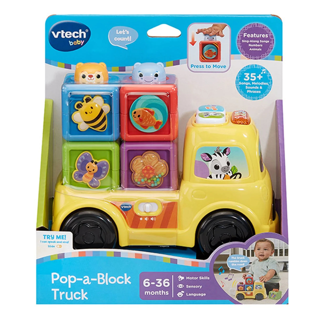 Boxed VTech Pop-a-Block Truck with colourful blocks and learning features – Ireland.