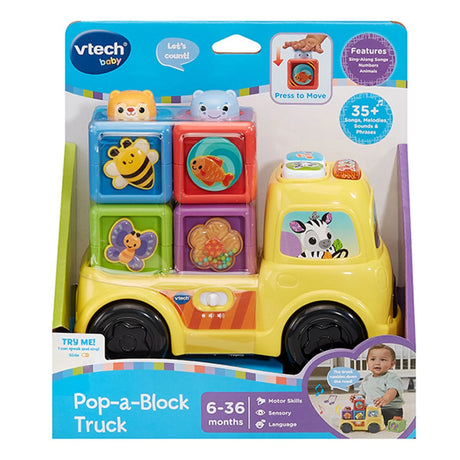 Boxed VTech Pop-a-Block Truck with colourful blocks and learning features – Ireland.