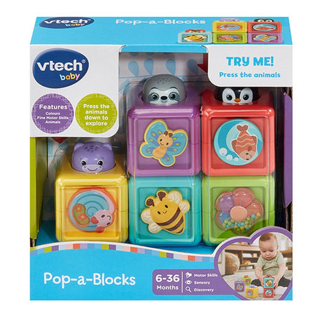 VTech Baby Pop-a-Blocks retail packaging showing five colourful animal activity blocks, a Try Me feature and the 6 to 36 months age range