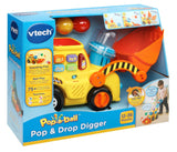 Boxed VTech Pop and Drop Digger showing bright yellow digger toy with four colourful balls and blue handle in Ireland