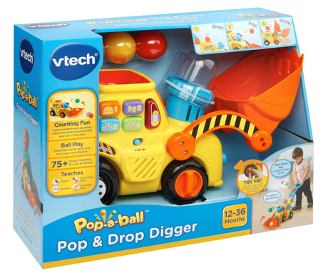 Boxed VTech Pop and Drop Digger showing bright yellow digger toy with four colourful balls and blue handle in Ireland