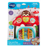 VTech Pop and Play Mushroom House box showing mushroom house toy, hedgehog and 9 to 36 months age mark