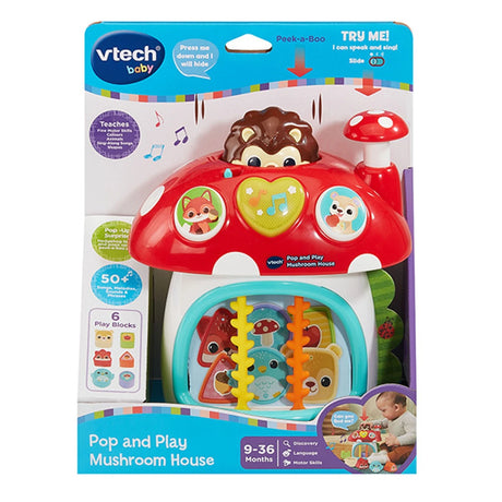 VTech Pop and Play Mushroom House box showing mushroom house toy, hedgehog and 9 to 36 months age mark