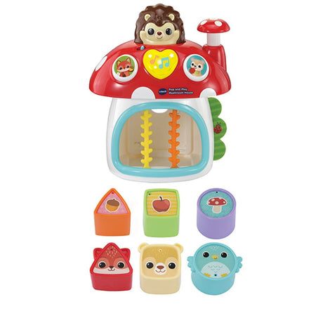 VTech Pop and Play Mushroom House with hedgehog figure and six colourful shape blocks