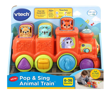 VTech Pop & Sing Animal Train Toy packaging front view with bear, koala and fox figures – Ireland