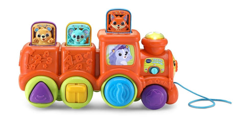 Full view of VTech Pop & Sing Animal Train Toy with three animal figures and fidget wheels – Ireland