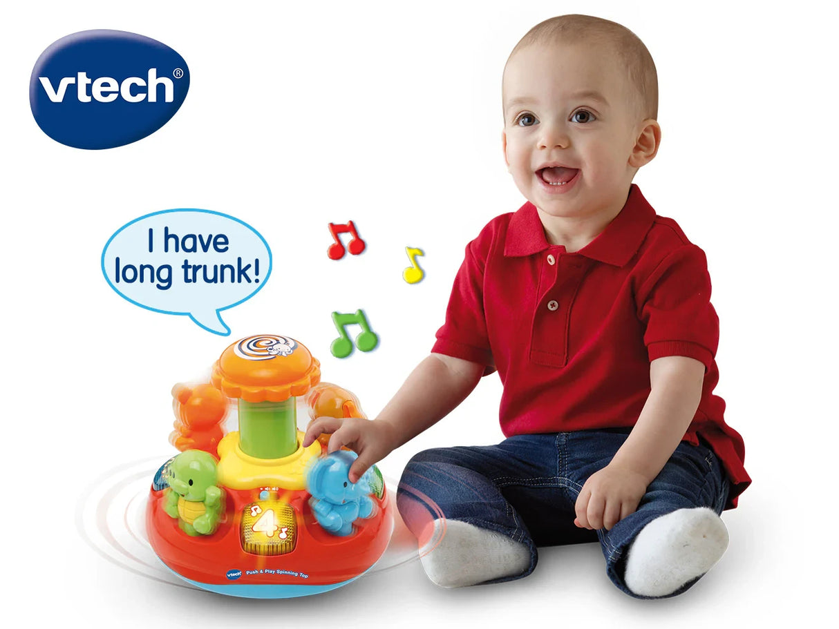 VTech Push and Play Spinning Top shown with child pressing the toy during play