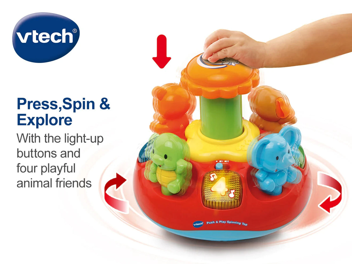 VTech Push and Play Spinning Top with hand pressing the orange top and animal figures spinning