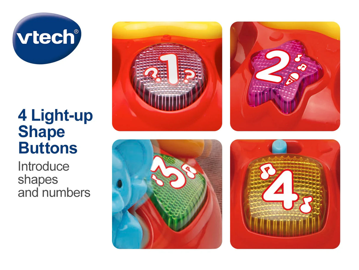 VTech Push and Play Spinning Top detail image showing four light up shape buttons