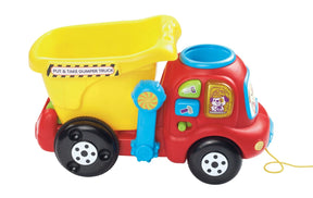 Side view of the VTech Put & Take Dumper Truck with yellow tipper bed and pull cord