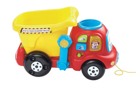 Side view of the VTech Put & Take Dumper Truck with yellow tipper bed and pull cord