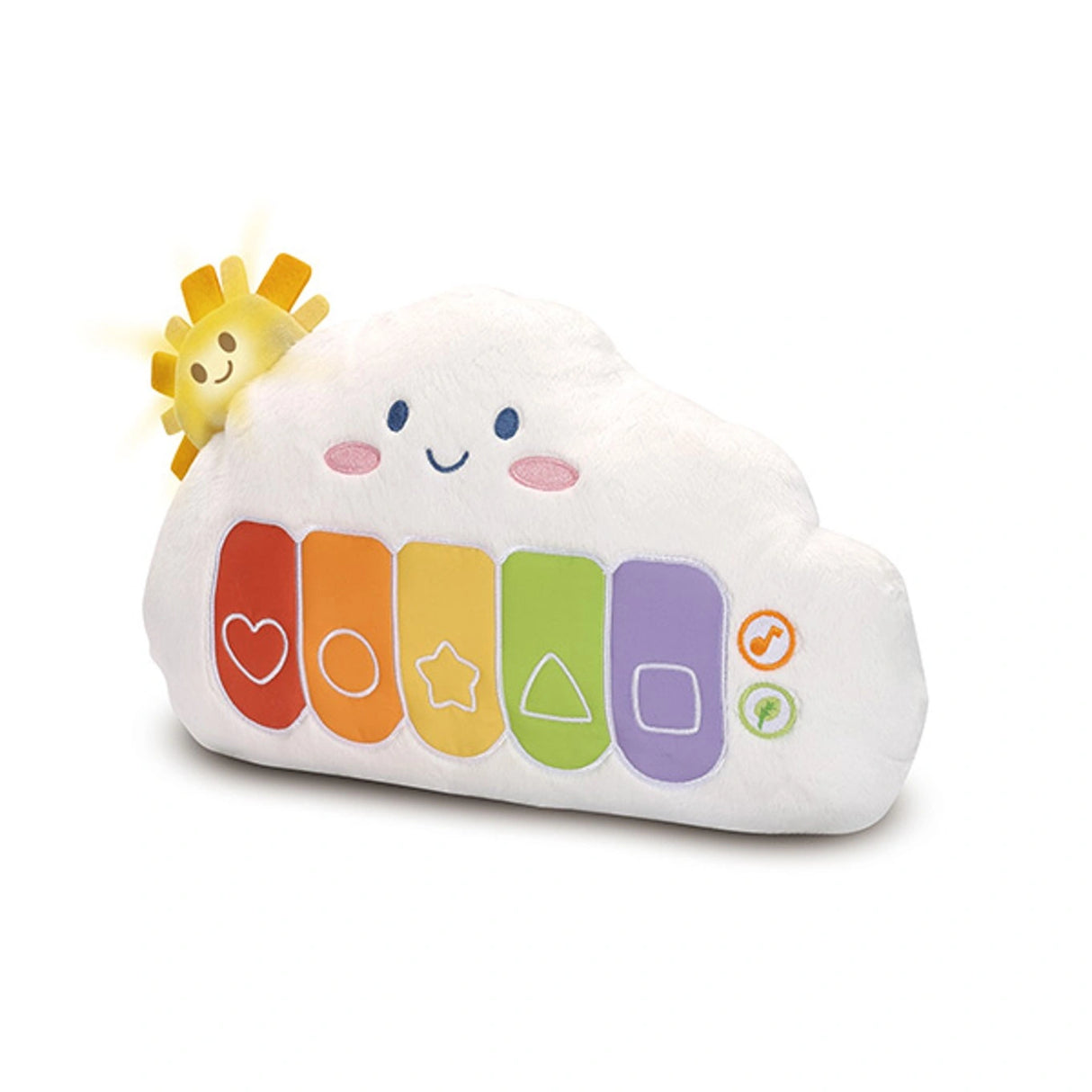 VTech Rainbow Cloud Piano with white cloud design, yellow sun and red, orange, yellow, green and purple keys