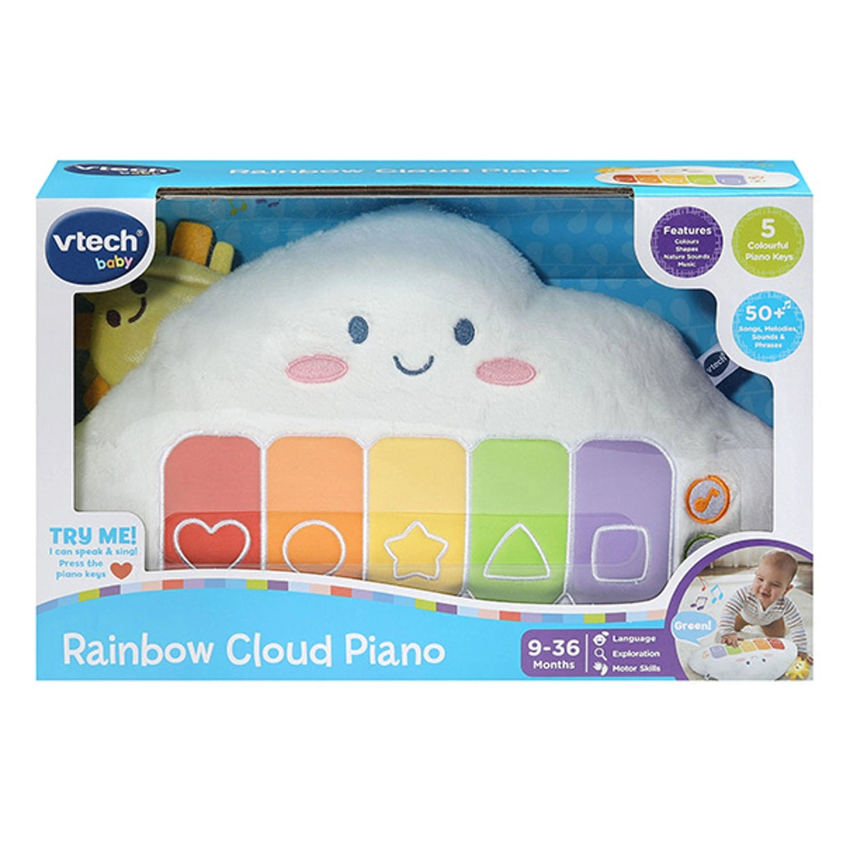 VTech Rainbow Cloud Piano in retail packaging with the cloud-shaped piano and colourful keys visible