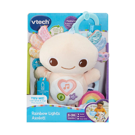 Boxed VTech Rainbow Lights Axolotl with colourful fabric and music buttons – Ireland.