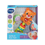 VTech Rattle & Roar Tiger inside open front retail box showing tiger rattle, light up heart panel and Birth plus age label