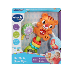 VTech Rattle & Roar Tiger inside open front retail box showing tiger rattle, light up heart panel and Birth plus age label