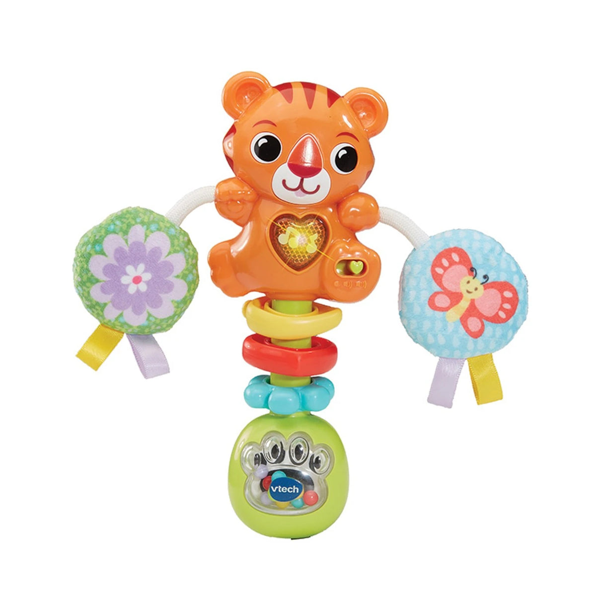 Close view of VTech Rattle & Roar Tiger with heart panel illuminated, green slider switch visible and beads inside transparent base