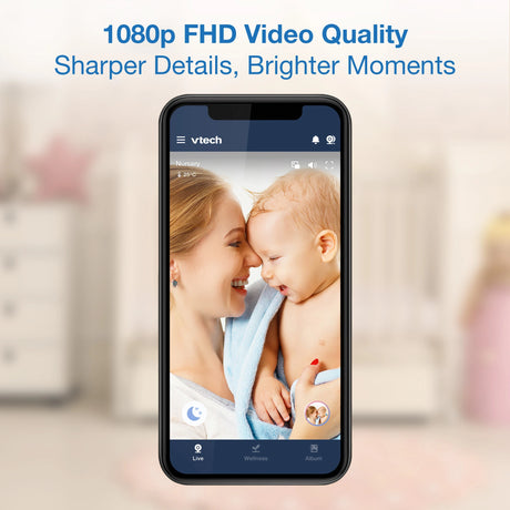 Smartphone screen showing VTech baby monitor app with 1080p FHD Video Quality text and parent with baby