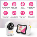 VTech RM4761 monitor feature graphic showing parent unit, camera and icons for app access, 1080p video, pan tilt zoom and night light