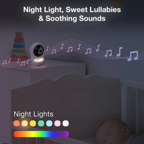 VTech RM4761 camera on shelf with night light colour dots and music notes in a dark room