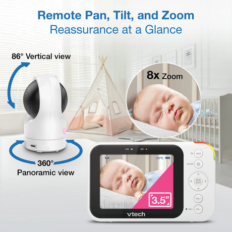 VTech RM4761 monitor pan tilt and zoom graphic showing camera, parent unit and 86 degree vertical view text