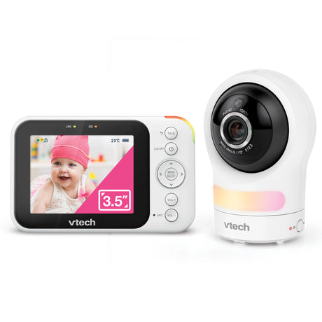 VTech RM4761 3.5 inch Smart Wi-Fi monitor with parent unit showing baby and pan tilt camera