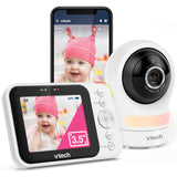 VTech RM4761 monitor set with smartphone, parent unit and camera showing baby on screens
