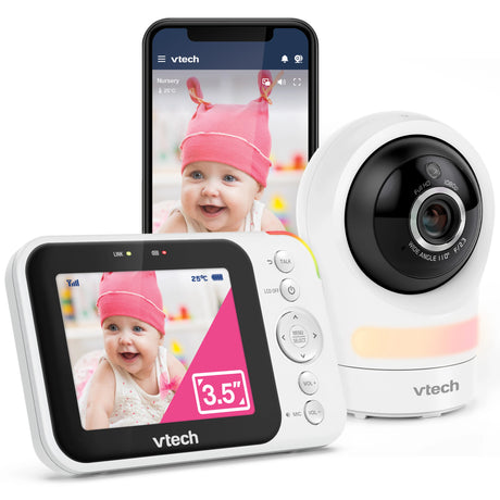 VTech RM4761 monitor set with smartphone, parent unit and camera showing baby on screens