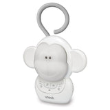 Angled front view of the VTech Myla the Monkey Portable Soother with grey hanging loop and control buttons