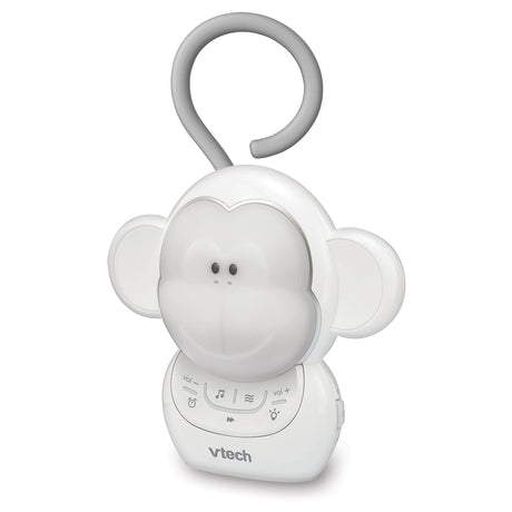 Angled front view of the VTech Myla the Monkey Portable Soother with grey hanging loop and control buttons