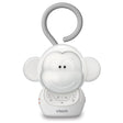 Front view of the VTech Safe & Sound Myla the Monkey Portable Soother with grey hanging loop and control buttons