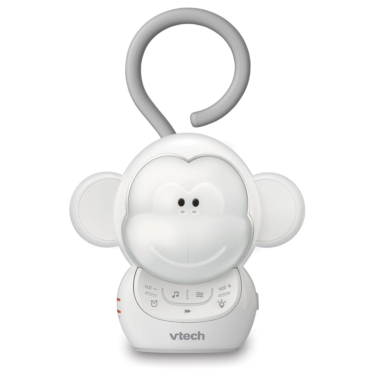 Front view of the VTech Safe & Sound Myla the Monkey Portable Soother with grey hanging loop and control buttons