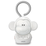 Front view of the VTech Safe & Sound Myla the Monkey Portable Soother with grey hanging loop and control buttons