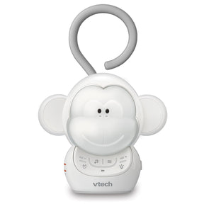 Front view of the VTech Safe & Sound Myla the Monkey Portable Soother with grey hanging loop and control buttons