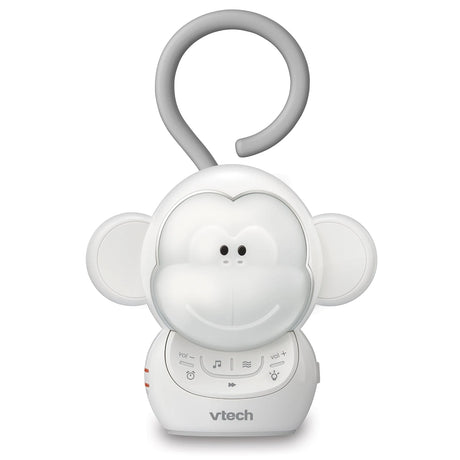Front view of the VTech Safe & Sound Myla the Monkey Portable Soother with grey hanging loop and control buttons