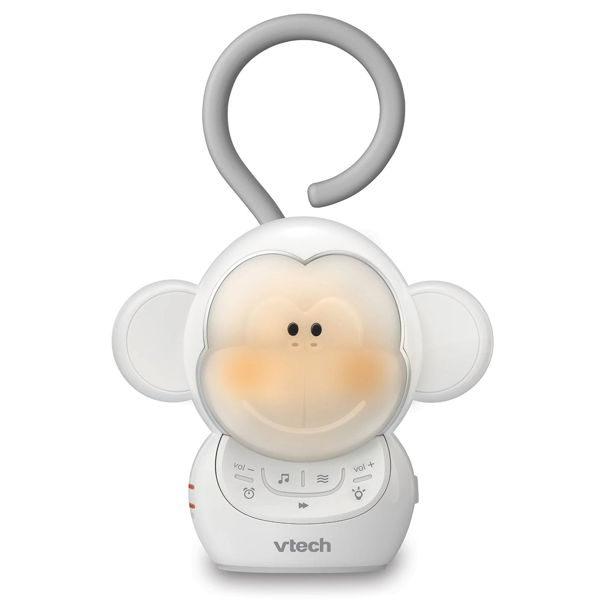 Front view of the VTech Myla the Monkey Portable Soother with its cheek night light glowing