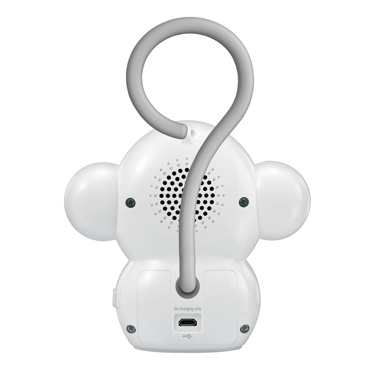 Rear view of the VTech Myla the Monkey Portable Soother showing the speaker, hanging loop and charging port