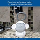VTech Myla the Monkey Portable Soother hanging beside a sink with rechargeable battery feature text
