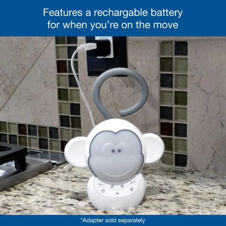 VTech Myla the Monkey Portable Soother hanging beside a sink with rechargeable battery feature text