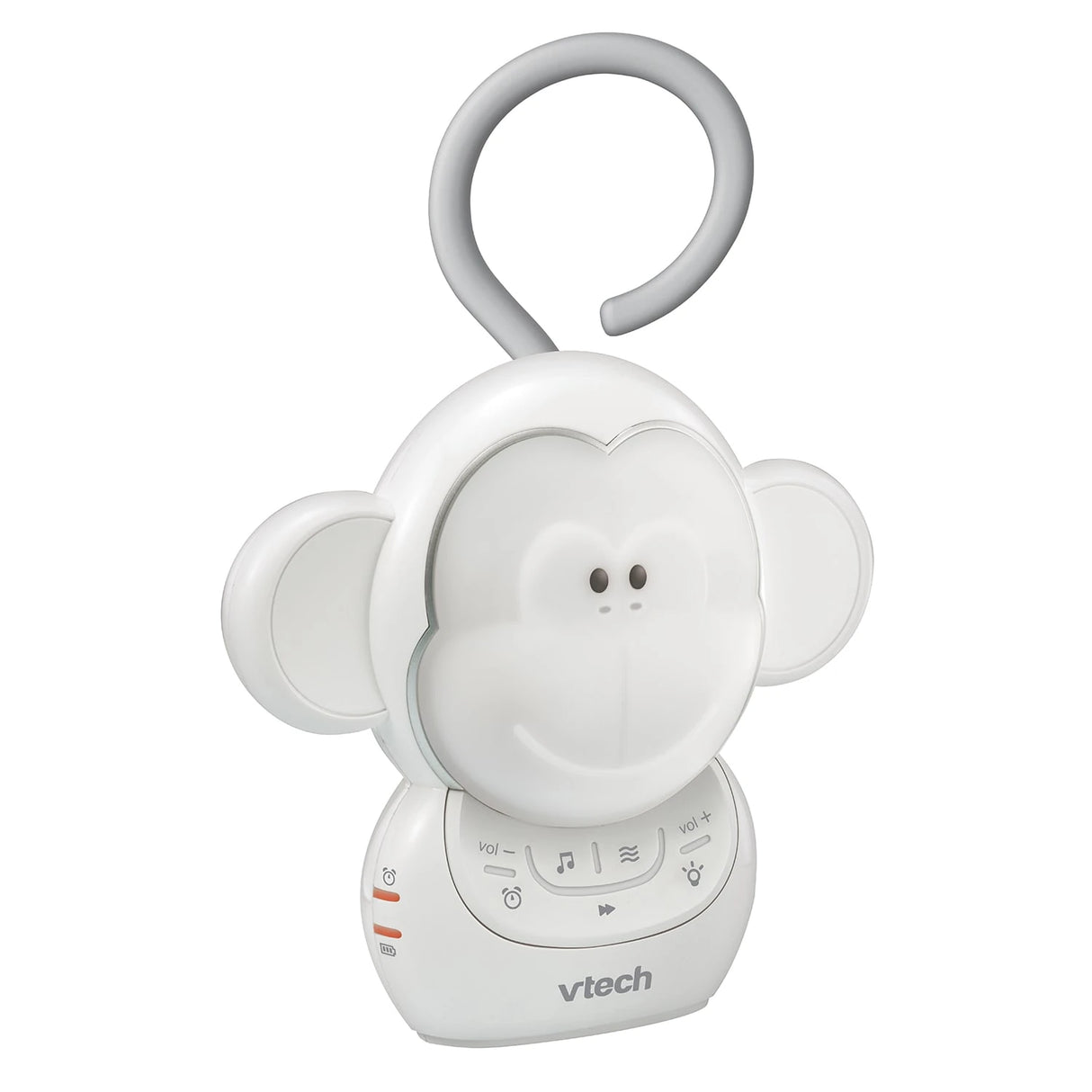 Three quarter view of the VTech Myla the Monkey Portable Soother with its grey hanging loop and front controls