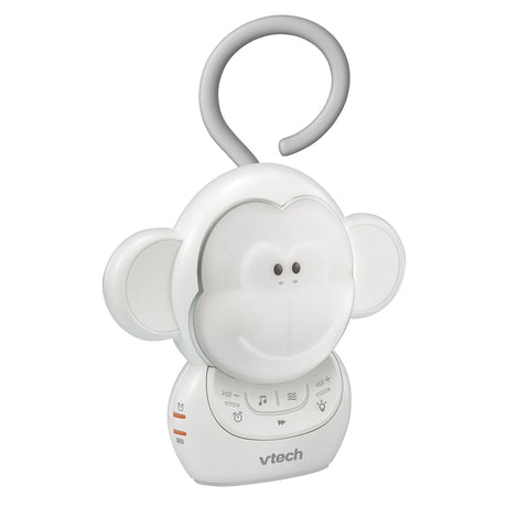 Three quarter view of the VTech Myla the Monkey Portable Soother with its grey hanging loop and front controls
