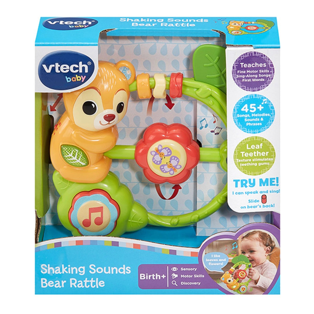 VTech Shaking Sounds Bear Rattle retail box showing bear rattle with songs, melodies and light up features illustrated on packaging