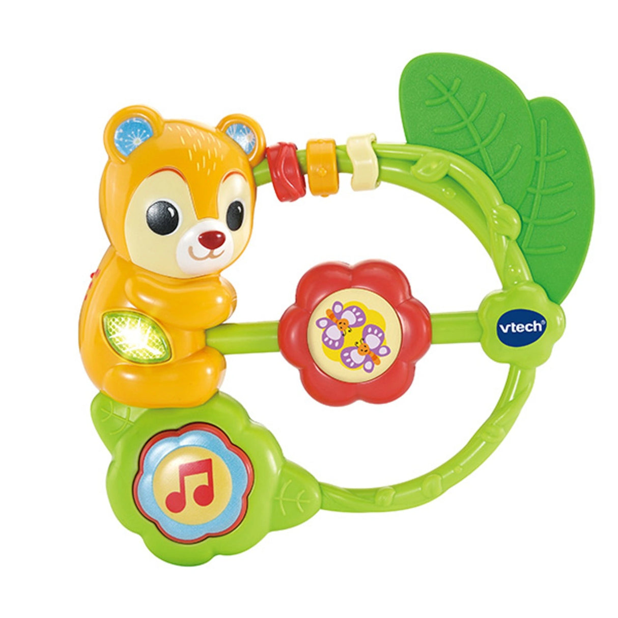 VTech Shaking Sounds Bear Rattle showing yellow bear on green ring with red flower spinner, green leaf teether, three sliding rings and music note button