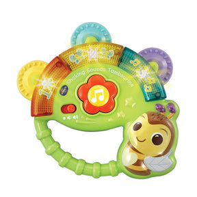 Front view of VTech Shaking Sounds Tambourine showing green handle, flower music button, flashing number panels 1 2 3 and bee character detail