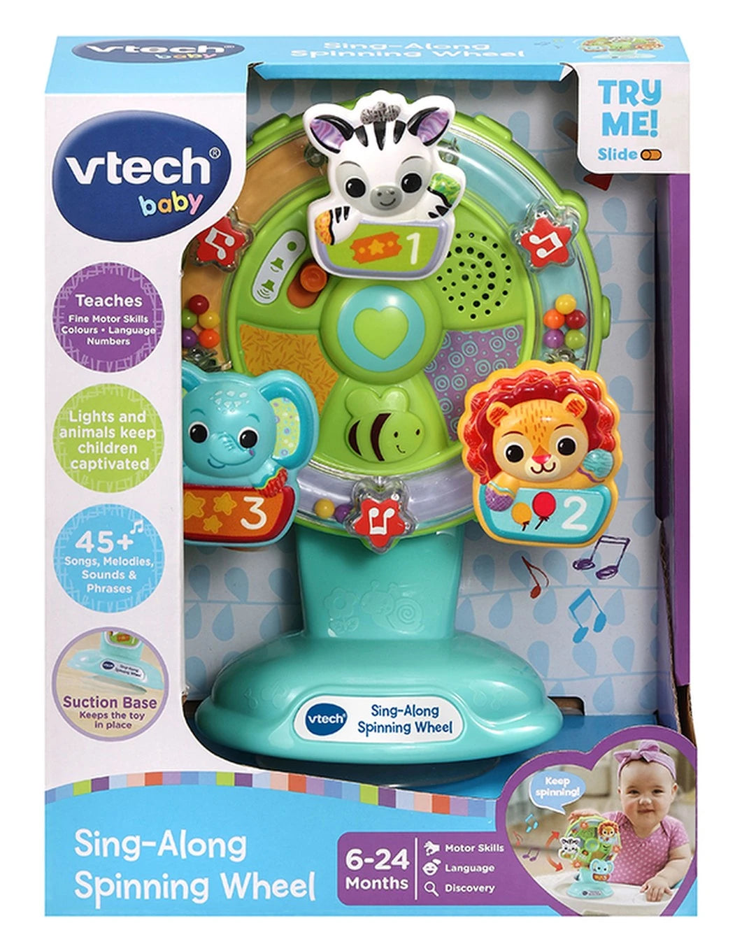 Boxed VTech Sing-Along Spinning Wheel showing the toy through the front packaging window