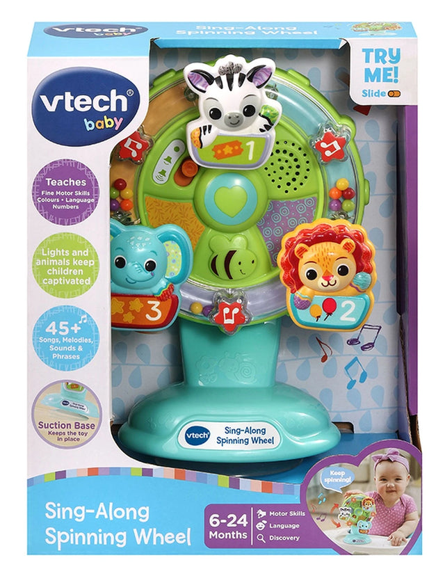 Boxed VTech Sing-Along Spinning Wheel showing the toy through the front packaging window